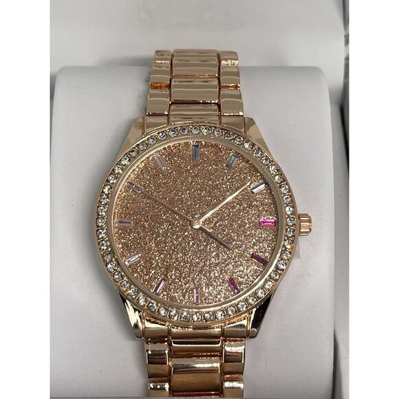 Gold Tone Glitter Dial Bracelet Watch Baguette Crystal Indicies Gift For Her NEW main image 14